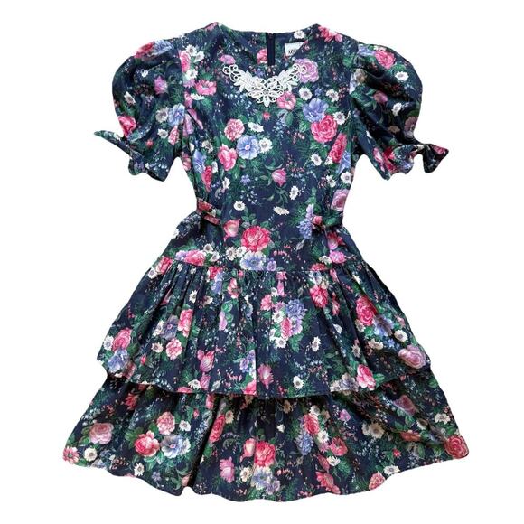 Vtg 90's My Michelle Girls Blue Floral Puff Sleeve Lace Cottagecore Dress Sz 10 - Picture 1 of 12